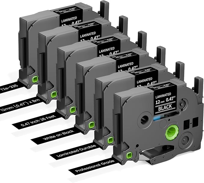 6-PK TZe-335 Replace for Brother Label Maker Tape 12mm 0.47 Black Laminated | by Freshworld