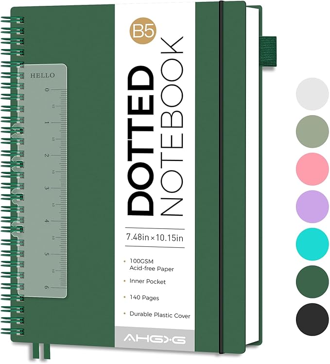 AHGXG Bullet Dotted Journal - Dot Grid Spiral Notebook B5, 140 Pages, 100 GSM Thick Paper, Waterproof Plastic Cover Journals for Bullet Journaling, Sketching, 7.6" x 10", Green-DeskLoop Office