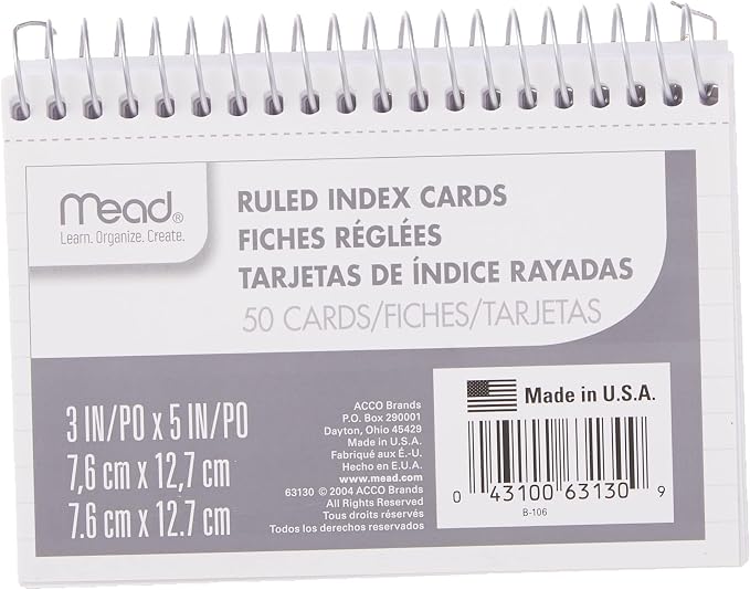 Mead Index Cards, Ruled Front, Blank Back, 50 Cards by Mead