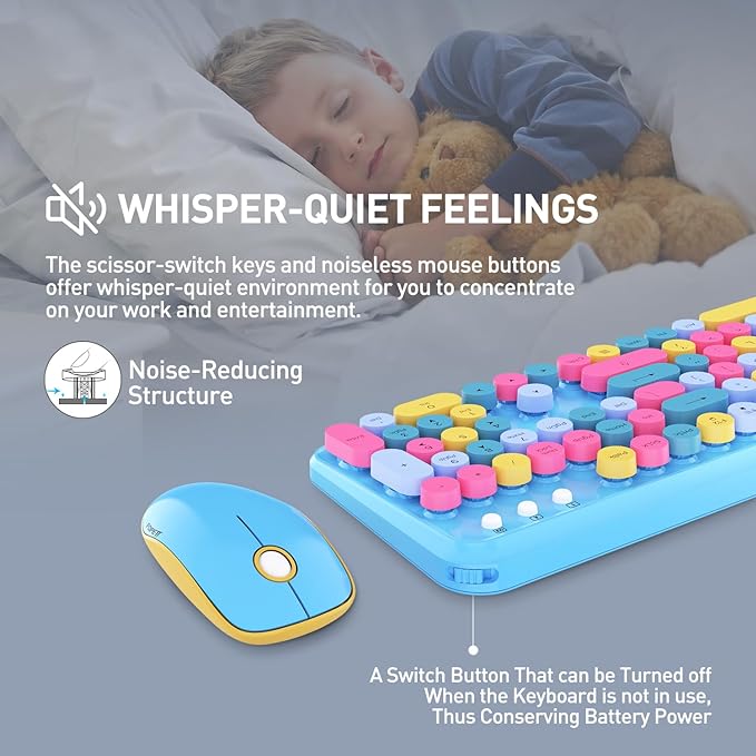 FOPETT 2.4GHz Wireless Keyboard and Mouse Set with Switch Button - Full-Size Keyboard - Compatible for Windows/Laptop/PC/Notebook/Smart TV and More - Blue Colorful-DeskLoop Office