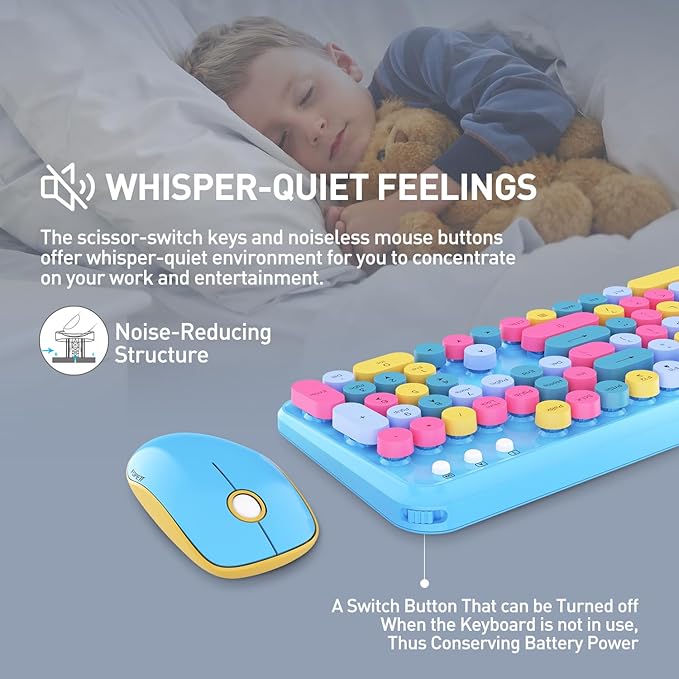 Keyboard and Mouse Wireless,Cute Retro Wireless Keyboard Mouse Combo with Round Key,2.4Ghz Dropout-Free Connection,Typewriter Wireless Keyboard Mouse Set for PC Laptop Desktop Computer-Blue Colorful-DeskLoop Office