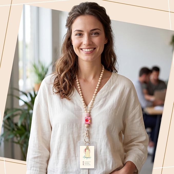 Teacher Lanyard with ID Holder Cute Wooden Beaded Lanyards - Image 6