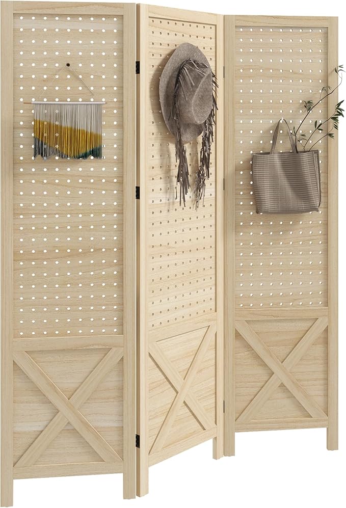 NicBex Room Divider 3 Panel Room Dividers with Pegboard Design Partition Room Dividers and Folding Privacy Screens 4.7 FT Wall Divider for Home, Office, Room Separation,45"W x 0.75"D x 57"H, Natural-DeskLoop Office