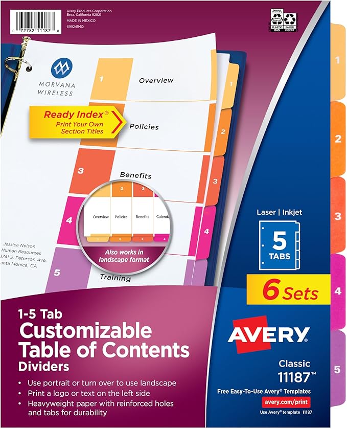Avery 5 Tab Dividers for 3 Ring Binders, Customizable Table of Contents by Avery