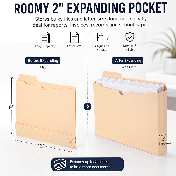 25 Pack Manila File Jacket, 2 Inch Expandable File Folders - Image 3