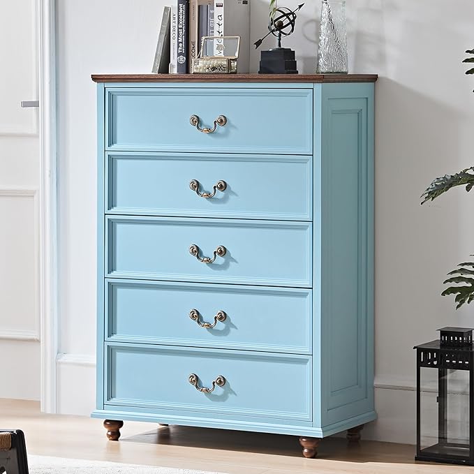Farmhouse 5 Drawer Dresser for Bedroom, 45" Tall Rustic Chests of Drawers w/ 4 Solid Wood Feet, Mid Century Modern Wooden Closet Storage Dressers Organizer for Living Room, Hallway, Light Blue-DeskLoop Office