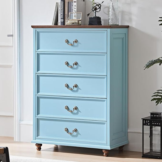 Farmhouse 5 Drawer Dresser for Bedroom, 45" Tall Rustic Chests of Drawers w/ 4 Solid Wood Feet, Mid Century Modern Wooden Closet Storage Dressers Organizer for Living Room, Hallway, Light Blue-DeskLoop Office