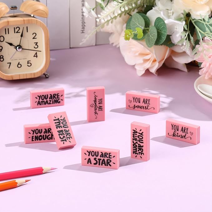 PerKoop 100 Pcs Pcs Inspirational Pink Erasers Bulk Small Motivational Block Pencil Erasers Back to School Gifts for Classroom Students Teachers Office Stationery Supplies-DeskLoop Office