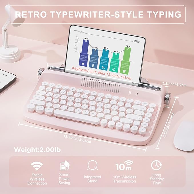 YUNZII ACTTO B303 Wireless Typewriter Keyboard, Bluetooth Connection, Cute Retro Aesthetic Design with Integrated Stand for Tablet, Phone, PC and Win/Mac/Android(B303, Baby Pink)-DeskLoop Office