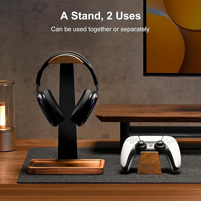 UPERGO Headset Stand with Gaming Controller Holder, Walnut Wood Headphone Stand - Image 2
