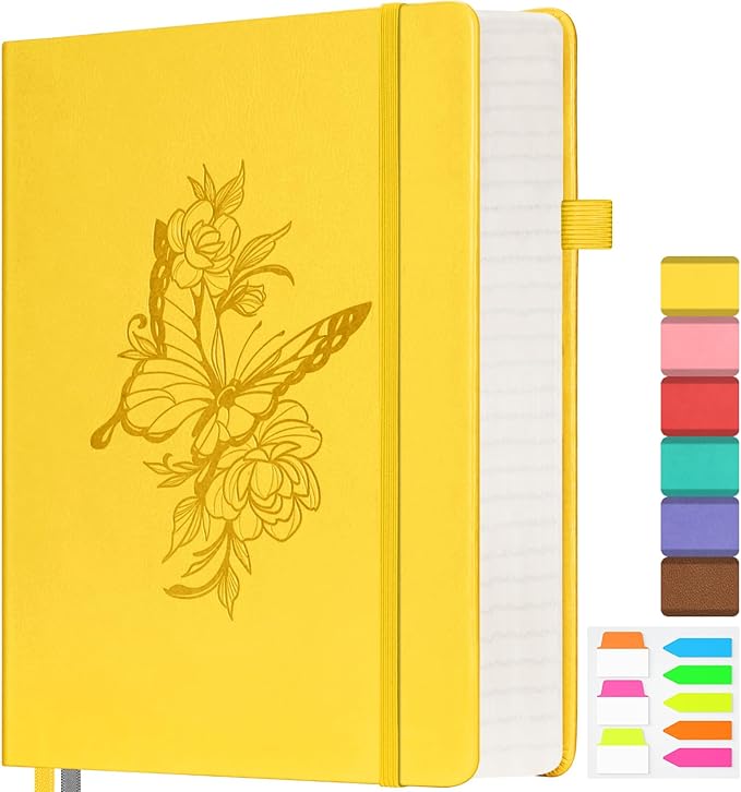 Lined Notebook Journal for Women Men, 312 Numbered Pages B5 Thick Leather Journals for Writing, Daily Diary Journal for Work School, Hardcover College Ruled Notebook, Butterfly Flower Notebook, Yellow-DeskLoop Office