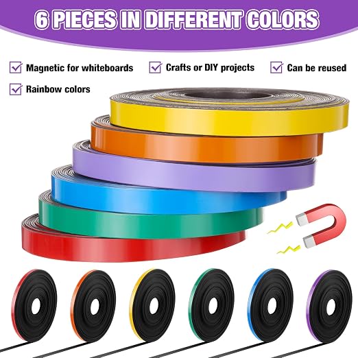 6 Rolls Mix Color Magnetic Tape Roll Thin Strips, 1/4 Inch x 33 ft Magnetic - Image 4