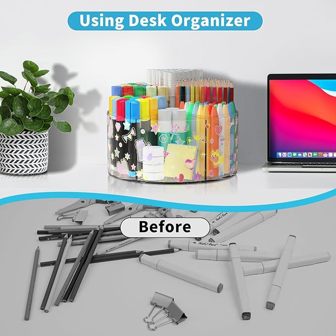 Acrylic Pen Holder with 2 Adhesive DIY Stickers, Desk Organizer Marker Holder with Cute Sticker, 360 Degree Office Supply Organizer Clear Pencil Holder Kid Art Supply Storage Organizer 6 Compartments-DeskLoop Office