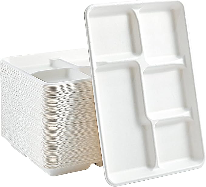 Vplus 100% Compostable 5 Compartment Paper Plates, 100 Pack, 12.5 x 8.6 inch by Vplus