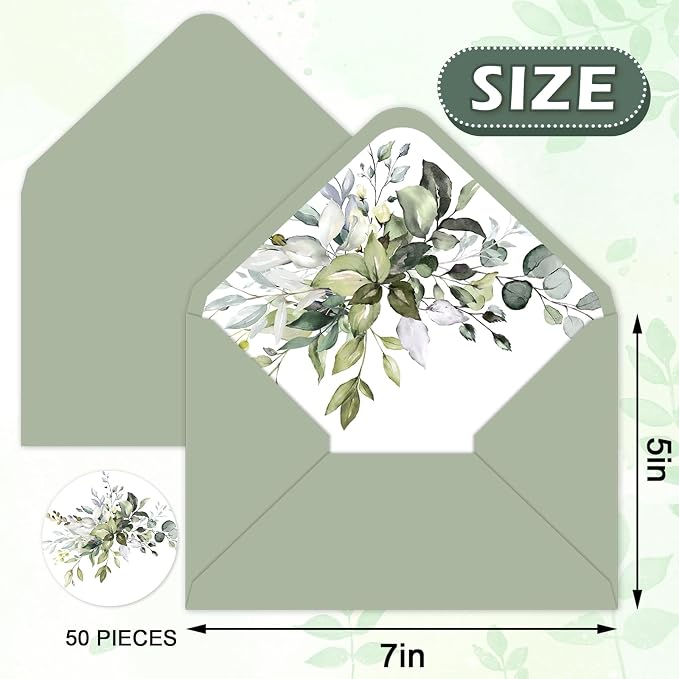 Whaline 50Pcs Greenery Envelopes 5 x 7 Inch Watercolor Sage Green Eucalyptus - Image 2