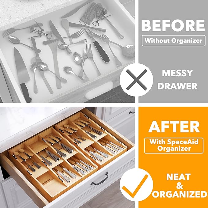 SpaceAid Bamboo Silverware Drawer Organizer (Need 3" Deep Drawer), Kitchen Utensil Tray Holder Organizer for Flatware, Cutlery, Spoon and Knives Storage Organization (9 Slots)-DeskLoop Office