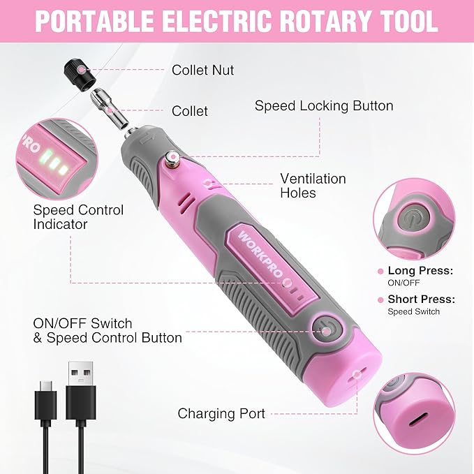 WORKPRO Cordless Rotary Tool Kit with 71pcs Accessories, 3 Variable Speeds, USB Rechargeable Mini Rotary Tool for Engraving, Sanding, Polishing, Carving, Cutting, DIY Crafts - Pink Ribbon-DeskLoop Office
