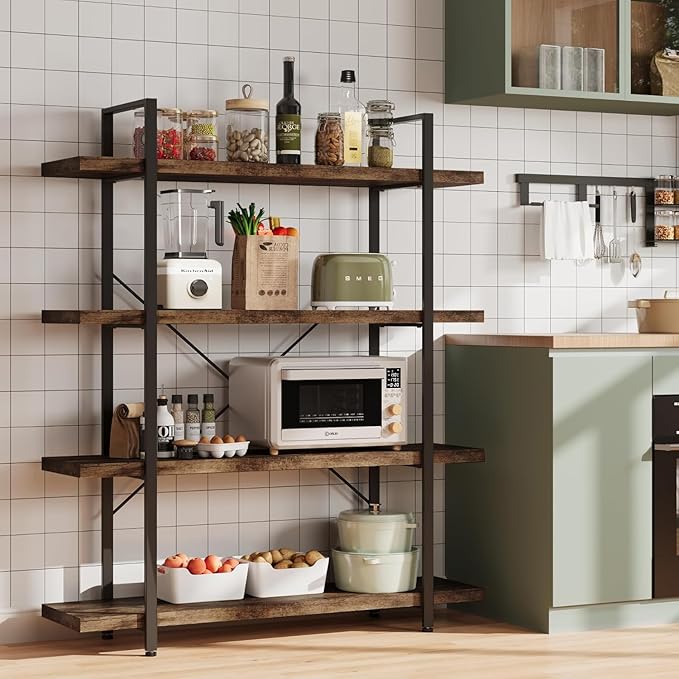 Heavy Duty 4-Tier Industrial Bookcase, 47" Wide Wood Bookshelf for Home Office, 120lbs Shelf Capacity, Rustic Open Shelving Display with Reinforced Horizontal Shelf for Living Room Bedroom-DeskLoop Office