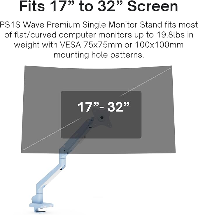 Pixio PS1S Wave Blue Single Monitor Arm Stand Desk Mount - Fits up to 32 inches Monitors and up to 19.8lbs. VESA Compatibility and Integrated Cable Management-DeskLoop Office