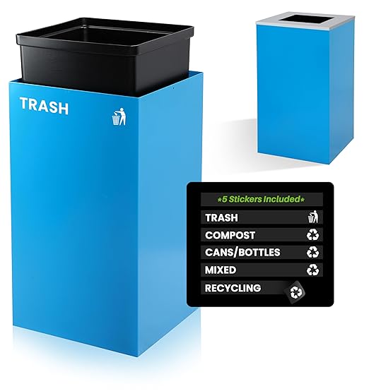 Alpine Commercial Indoor Recycle Bin with Lid - 29 Gallon Blue Recycle Bin Recycle Trash Can Office Recycling Bins, Metal Recycling Container with Stickers & 3 Optional Lids Sold Separately-DeskLoop Office