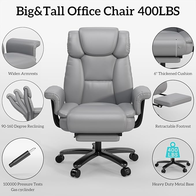 GYI Criss Cross Chair with Wheels, 160°Big and Tall Reclining Office Desk Chair with High Back, Wide Seat, Arms, Footrest, Grey-DeskLoop Office