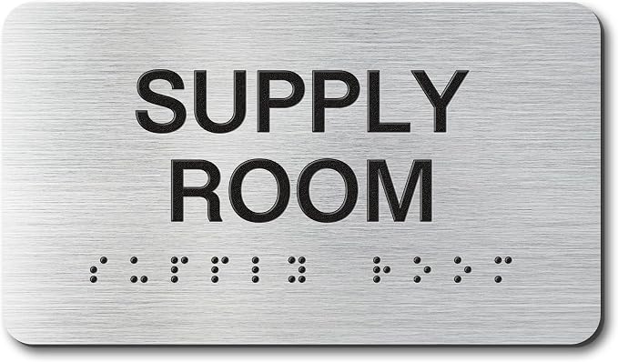 SUPPLY ROOM Signs with Raised Text & Grade 2 Braille, Brushed Aluminum/Silver by EliteSign