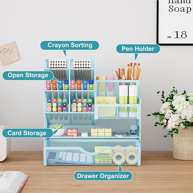 Marbrasse Mesh Pen Holder for Desk, Multi-Functional Pencil Organizer with Drawer, Desk Organizers and Accessories for Office Art Supplies (Blue)-DeskLoop Office