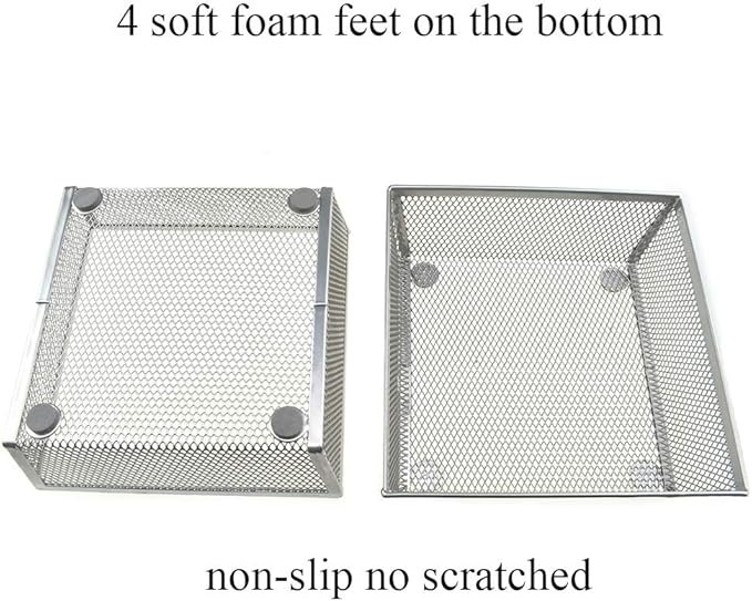 HAHIYO Stackable Mesh Tray Cup 6 x 6 x 2 inches Sturdy Container for Desk Drawer Organizer Collection for Home Office School kitchen Soft Foam Feet No Sharp Edges 2 Pack Silver-DeskLoop Office