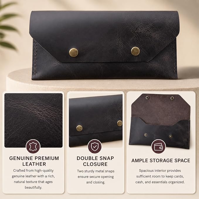 Genuine Leather Cash Envelope Wallet, Two Snap Money Pouch - Image 6