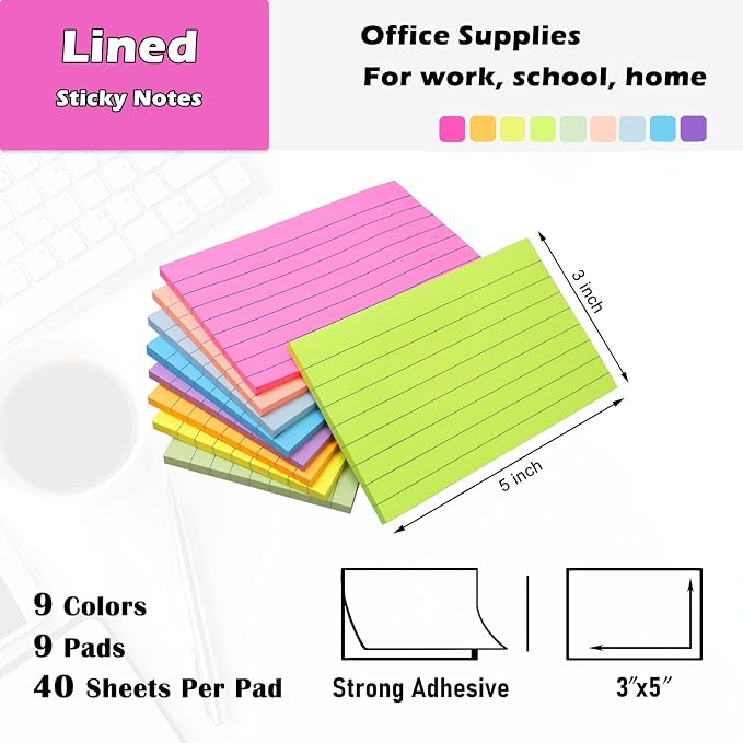 9 Pack Lined Sticky Notes 3x5 in Large Sticky Notes, 9 Bright Multi Colors Self - Image 2