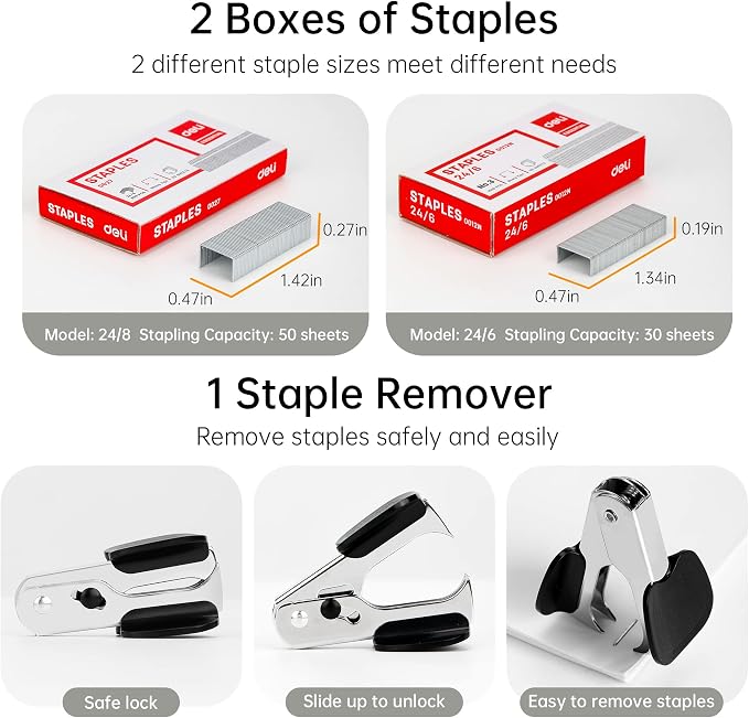 Deli Effortless Desktop Stapler, Heavy Duty Stapler, 40-50 Sheet Capacity - Image 6