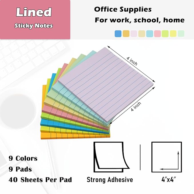 HQCME 9 Pads Lined Sticky Notes 4x4 in Post, 9 Multi Colors Super Sticking - Image 2
