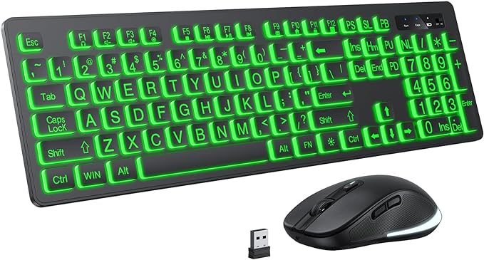 Large Print Wireless Keyboard and Mouse - 7 Colors Backlit Keyboard, Oversize Letters Keys Easy to See and Type, Rechargeable Keyboard and Mouse with Light Up Key, Compatible for PC, Windows, Gaming-DeskLoop Office