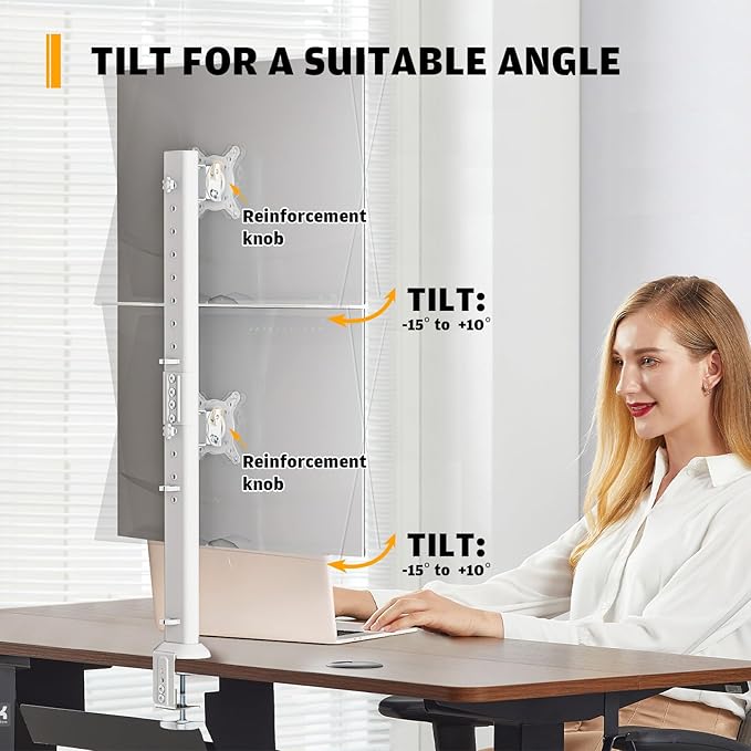 Dual Monitor Articulating Desk Mount Arm Stand - Vertical Stack Screen Supports Two 13 to 34 Inch Computer Monitors with C Clamp White-DeskLoop Office
