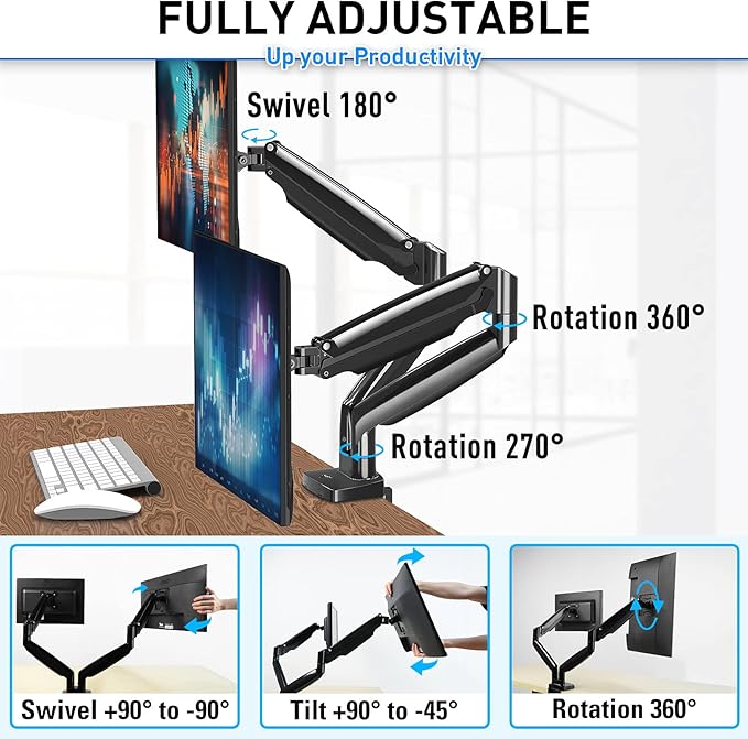 MOUNTUP Dual Monitor Mount for 2 Max 35 inch Ultrawide Screens, Hold 6.6-30.9lbs, Full Motion Gas Spring Monitor Desk Arm, Heavy Duty Dual Monitor Stand for Desk, VESA Bracket with Clamp/Grommet Base-DeskLoop Office