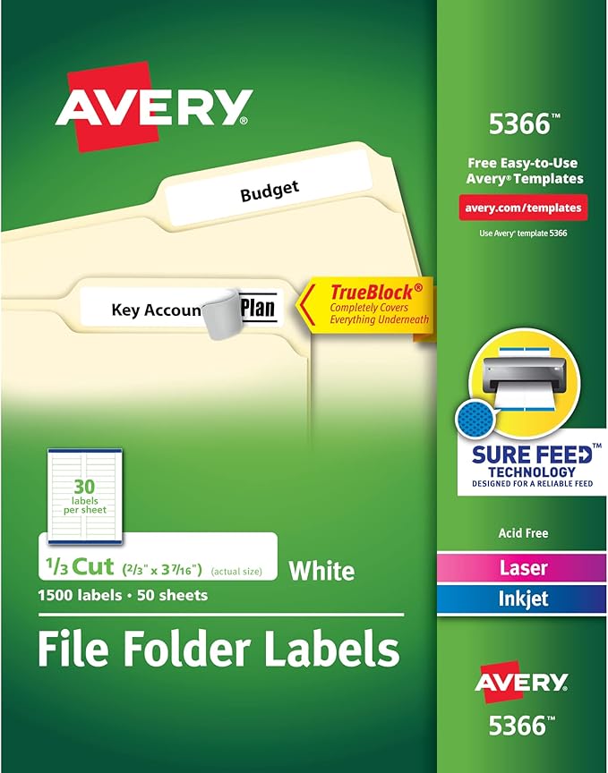 Avery TrueBlock File Folder Labels, 2/3" x 3-7/16", 500 Printable Labels by Avery