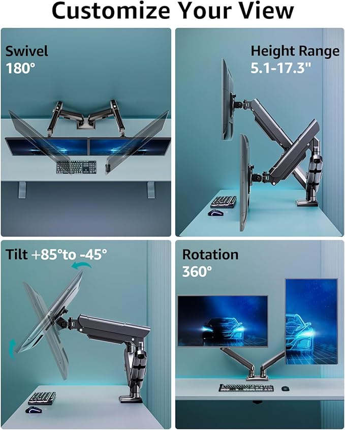 Dual Monitor Mount for 2 Monitors up to 32 inches, Height Adjustable Gas Spring Double Computer Stand, Two Display Desk Mount Holder, Each Monitor Arm Holds Max 22lbs, VESA Mount, Black, Freelift Pro-DeskLoop Office