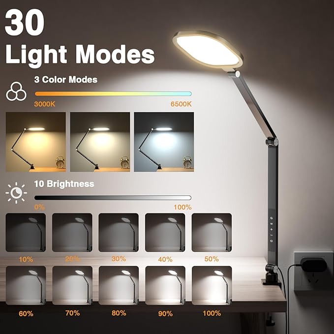 2 Packs Led Desk Lamps for Home Office, 1200LM Dimmable Clamp-on Desktop Light, Adjustable Swing Arm Ring Light with Stand, Memory & Timer Function, Eye-Caring Design-DeskLoop Office