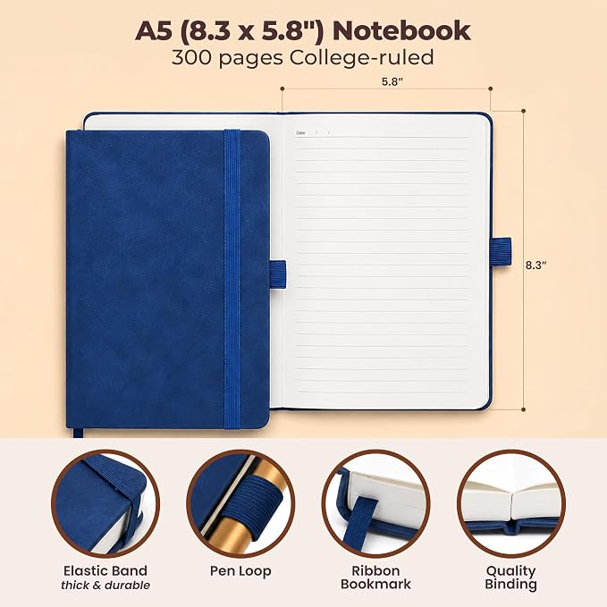 A5 Lined Leather Bound Writing Journal Blue Notebook 300 Pages 5.8x8.3" | - Image 3