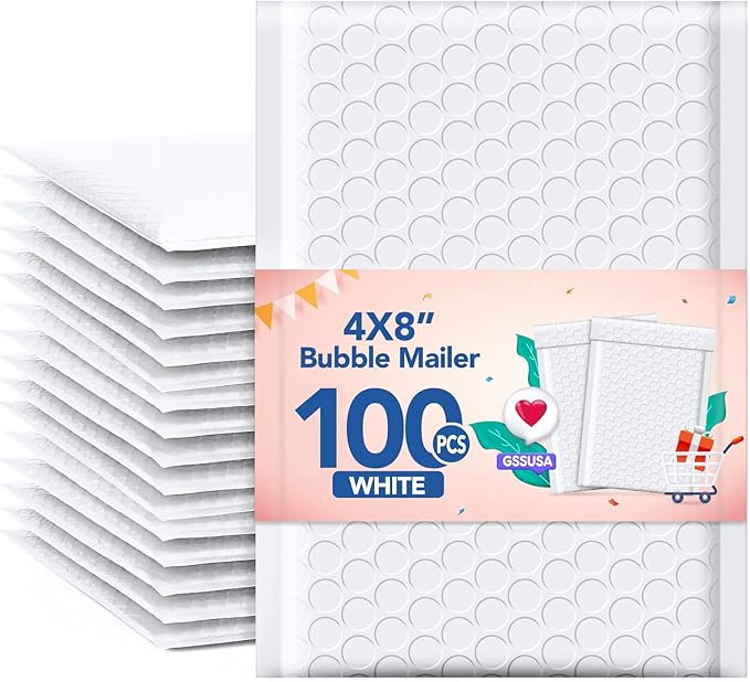 GSSUSA White Bubble Mailers 4x8 100 Pack, Self Seal Padded Envelopes | Usable by GSSUSA