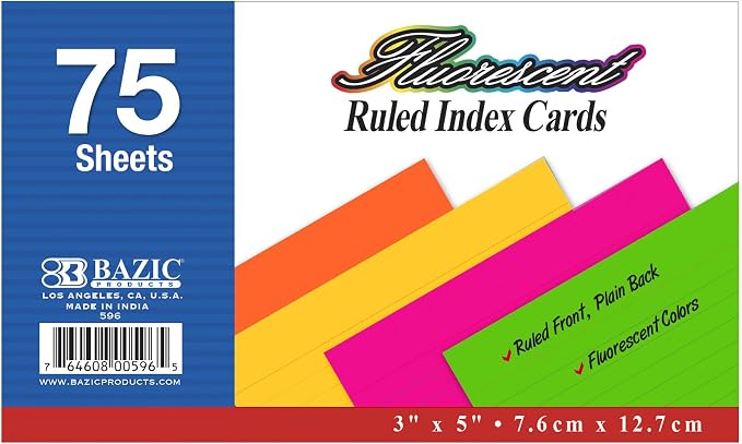 BAZIC Products Fluorescent Ruled Index Cards, 3 x 5 in, 75 Ct, 36-Case | fully by BAZICProducts
