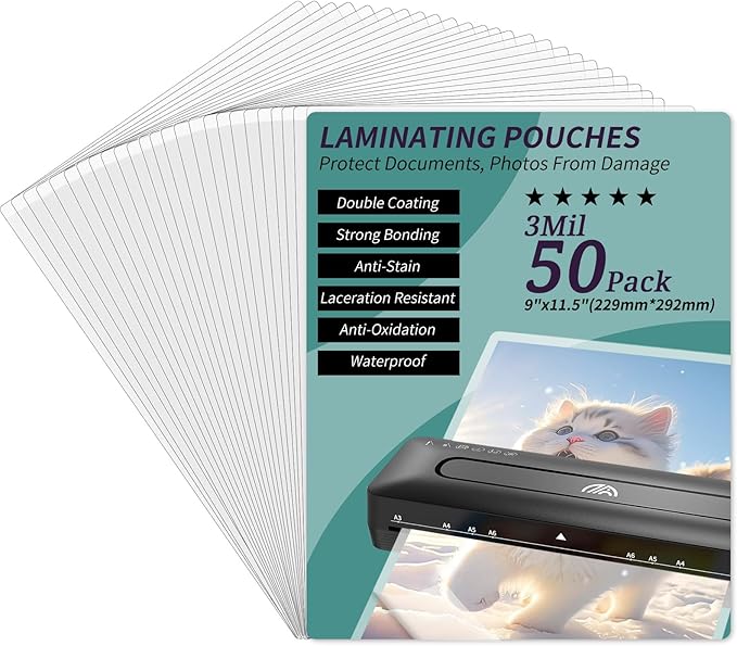 Laminating Sheets - 3Mil 50 Pack Thermal Laminating Pouches, 9"x11.5" Clear Laminate Sheets for Schedules, Menus, Certificates, Art Drawings, Round Corner-DeskLoop Office