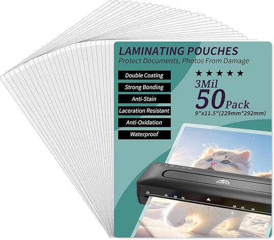 Laminating Sheets - 3Mil 50 Pack Thermal Laminating Pouches, 9"x11.5" Clear Laminate Sheets for Schedules, Menus, Certificates, Art Drawings, Round Corner-DeskLoop Office