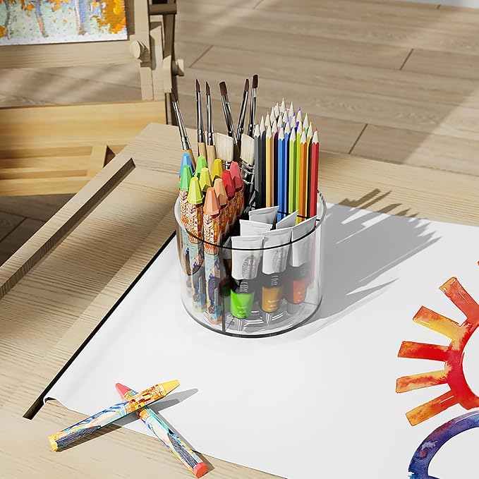 Acrylic Pen Holder, 360 Degree Marker Organizer for Desk, Rotating Desk Storage With 4 Compartments, Art Supply Crayon Holder for Office School Home, Clear-DeskLoop Office