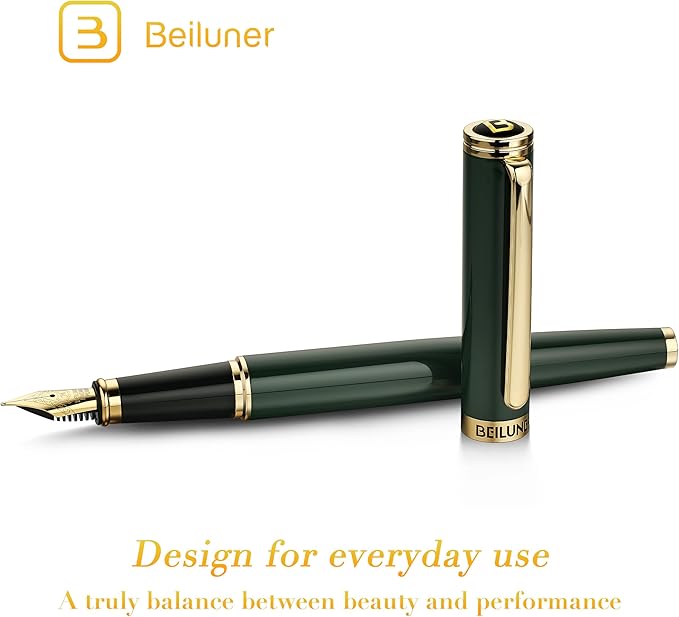 BEILUNER British Racing Green Fountain Pen,Stunning Luxury Pens with 24K Gold Accents, Gorgeous 24K Gilded Nib(Medium), Ink Converter, Pen Gift for Men&Women-Elegant, Reliable,Fancy for Writing-DeskLoop Office