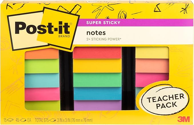 Post-it Super Sticky Notes Teacher Pack, Assorted Colors, 3 in. x 3 in., 15 Pads/Pack, 45 Sheets/Pad (654-15SSBTS-SR)-DeskLoop Office