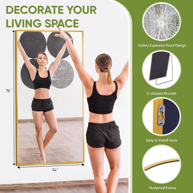 Full-Length Floor Mirror with Stand, 76"x34" Rectangle Style Full Body Standing Mirror for Bedroom, Living Room, Gym, Dorm - Shatter-Resistant & Easy Assembly, Gold-DeskLoop Office