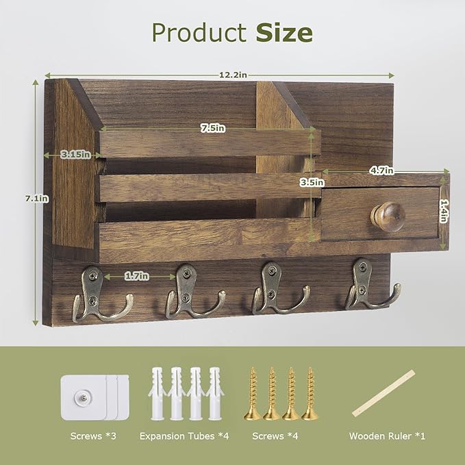 Key Holder Wall Mount, Wooden Adhesive Mail and Key Organizer - Image 5