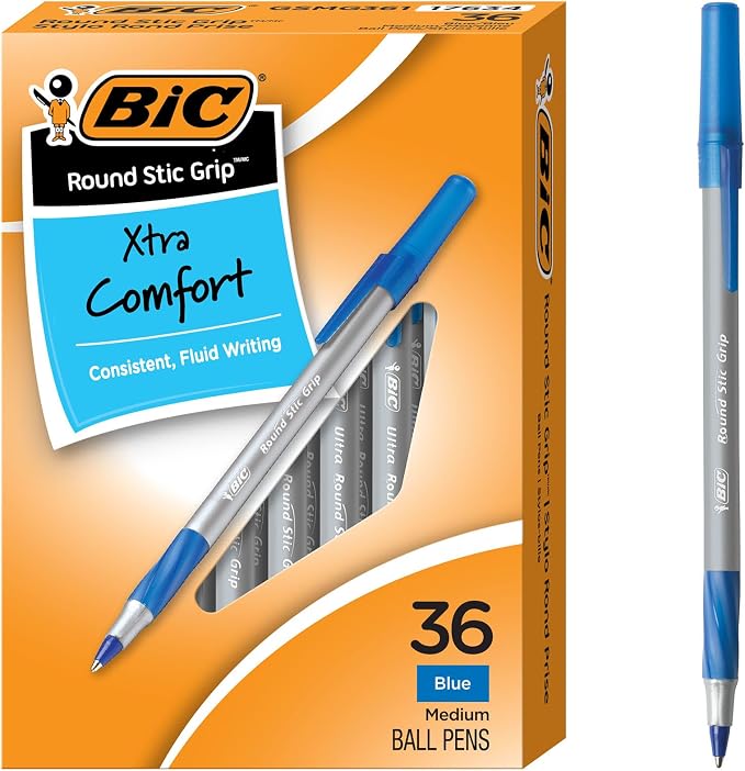 BIC Round Stic Grip Xtra Comfort Blue Ballpoint Pens, Medium Point, 36-Count by BIC