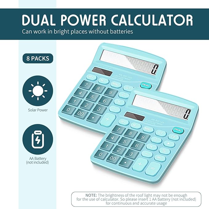 Konohan 8 Pieces 12-Digit Calculator, Solar Basic Desktop Calculator Large Display Electronic Dual Power Handheld for Home Office School(Blue)-DeskLoop Office